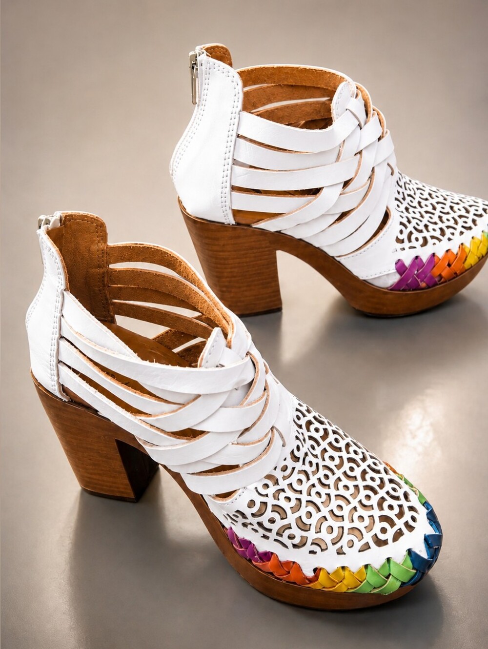 Ethnic Shoes Leather White Colorful Accents Ankle Heeled Boots Women Size 8